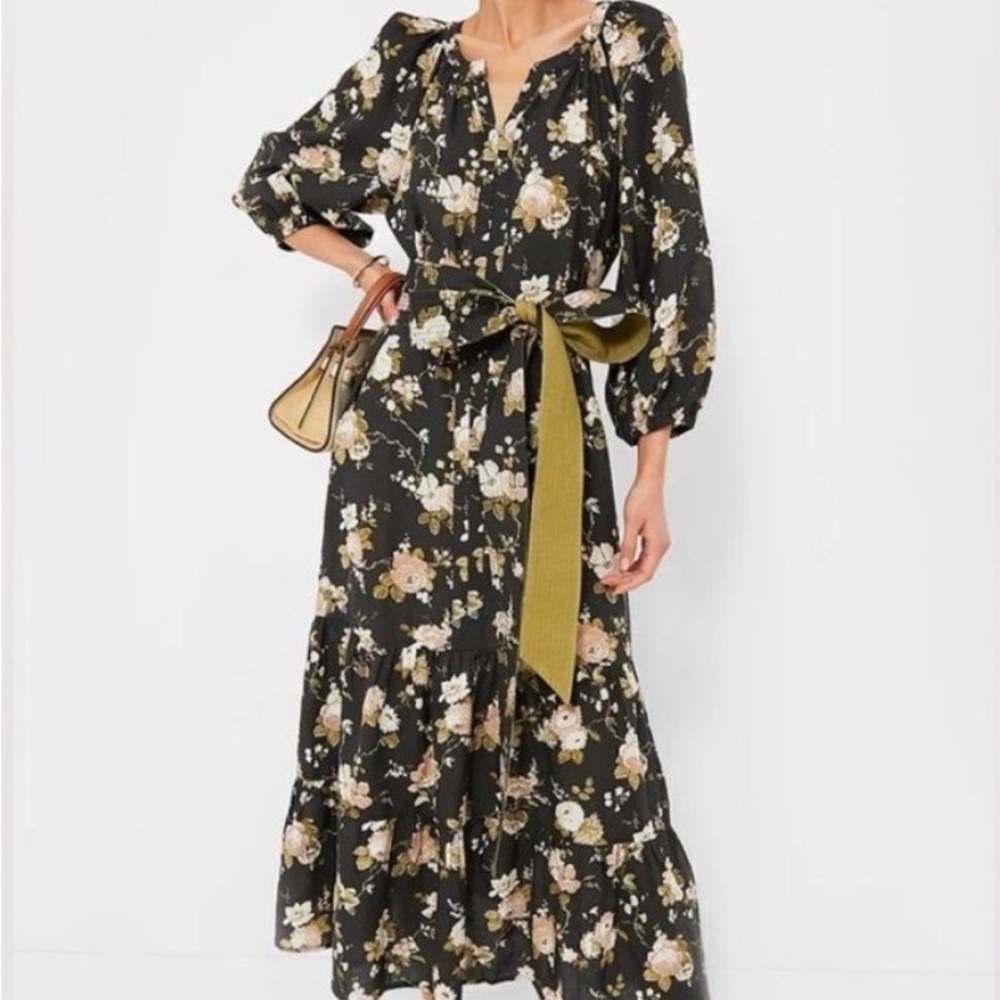 Tuckernuck Black Floral Maxi Dress with Olive Sash